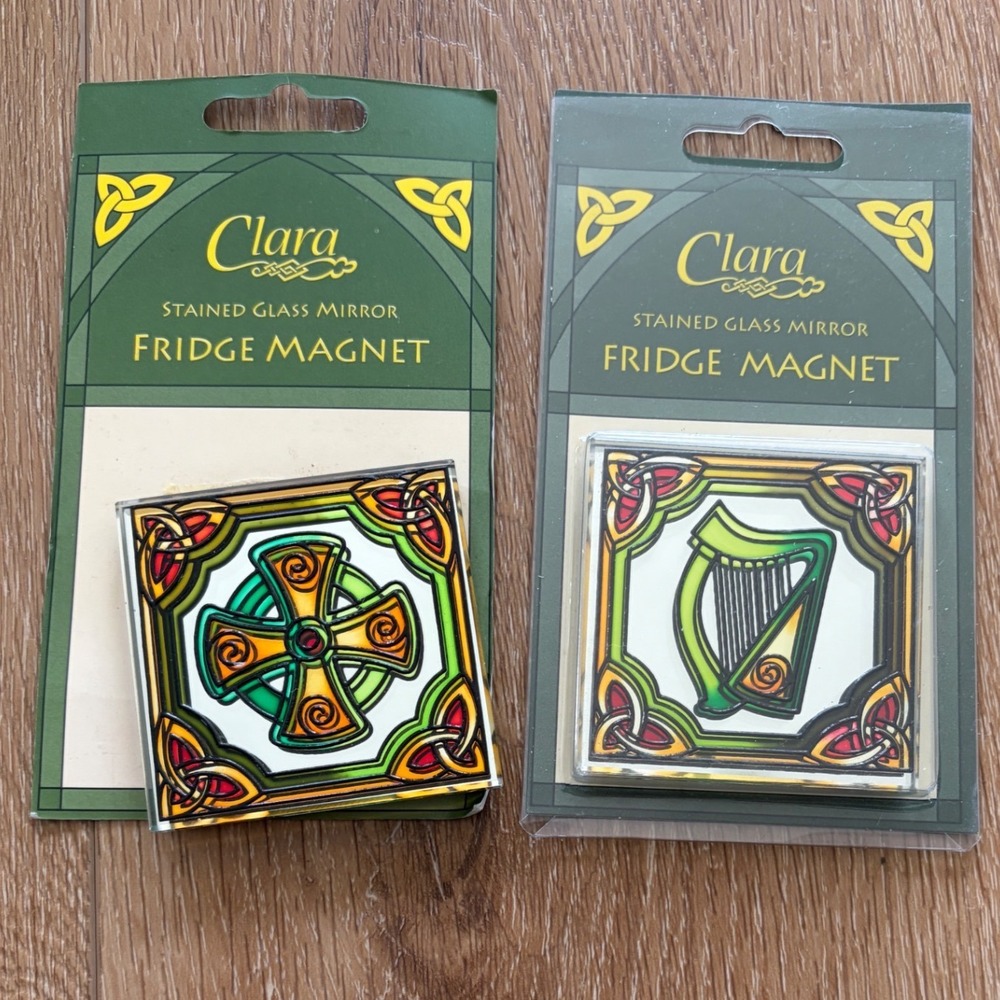Clara Crafts Irish Stained Glass Mirror Magnets Celtic Cross & Harp Set of 2